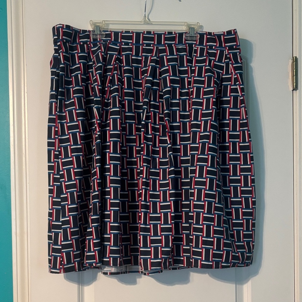 Eloquii Draper James A-Line Pleated Skirt with Navy and Red Geometric Design